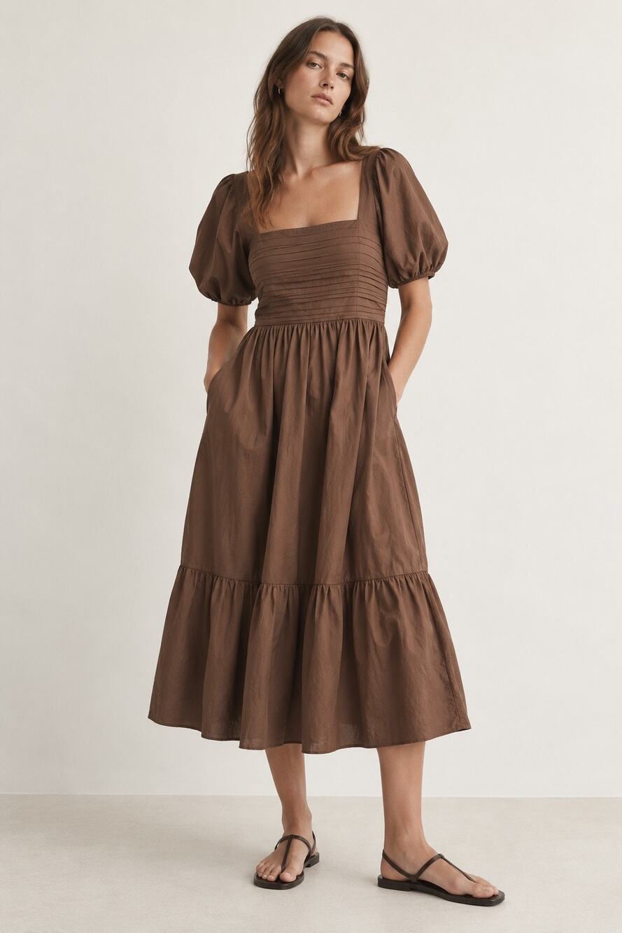 Abercrombie & Fitch Emerson Midi Dress Brown Puff Sleeve Size XL